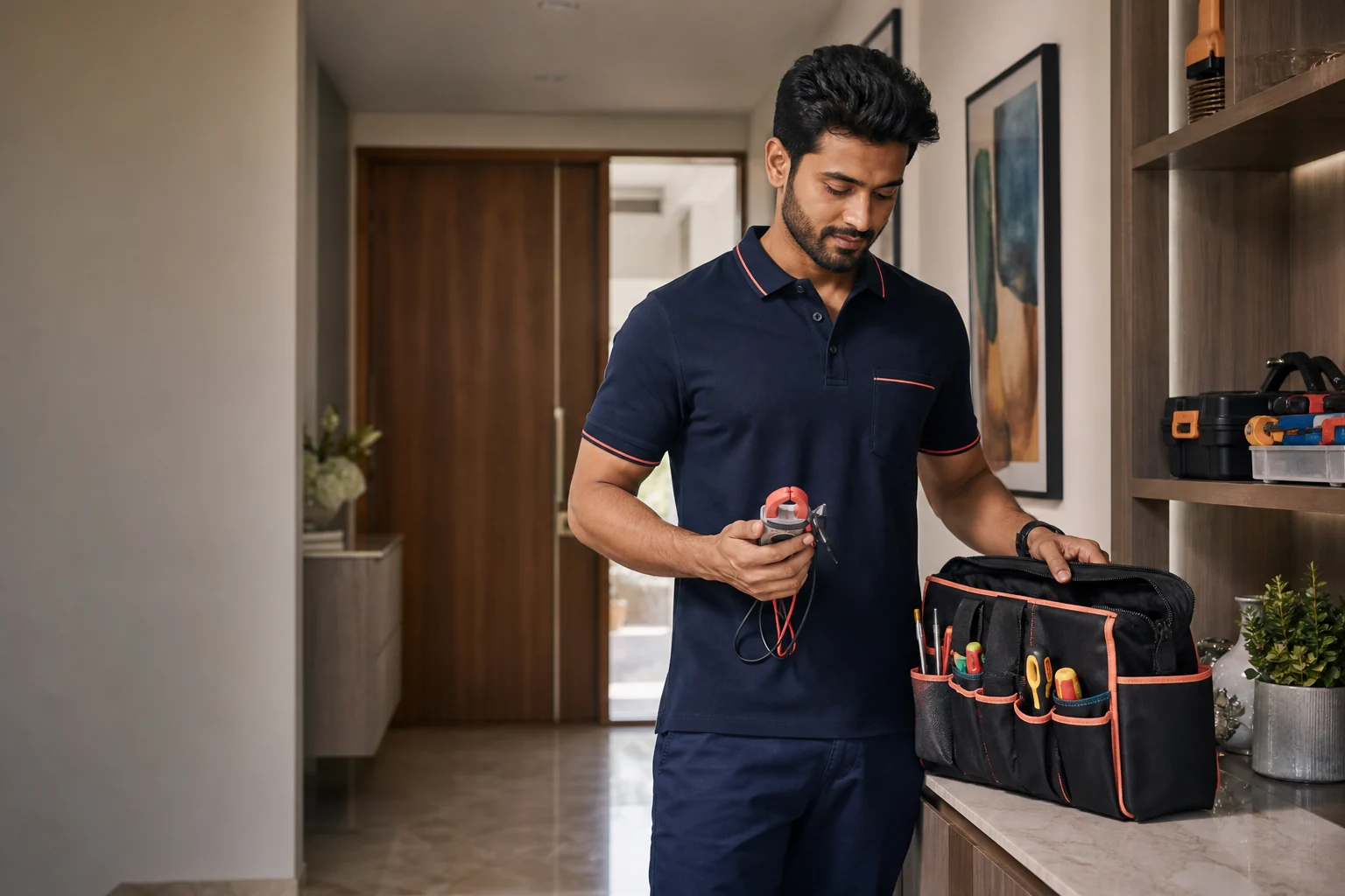 Independent home-service professional preparing tools